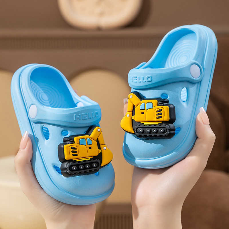 挖掘机儿童拖鞋男女童夏季室内厚底踩屎感卡通中小童宝宝洞洞鞋