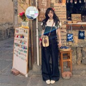 牛仔裤 罗诚意 女宽松显瘦减龄百搭长裤 深蓝直筒背带裤 童话少女