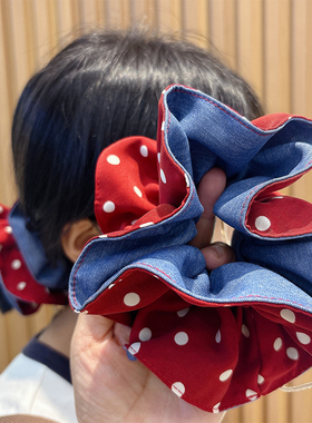 新款时尚低扎马尾法式牛仔蓝波点红色大肠发圈高弹力高颜值发绳