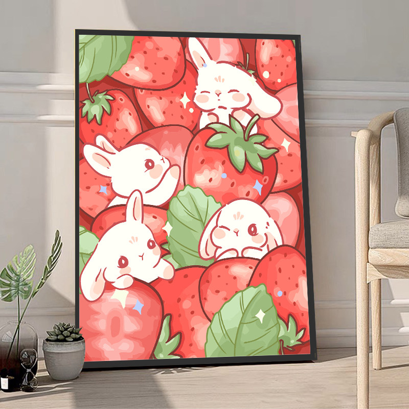 草莓桃子兔兔数字油画diy填充涂色手工绘可爱小兔子丙烯装饰挂画