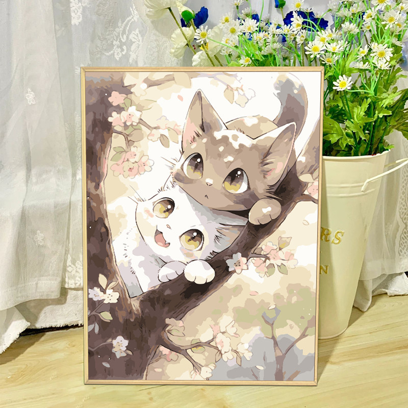 可爱猫咪数字油画diy填充涂色手工绘治愈系卡通丙烯油彩装饰挂画