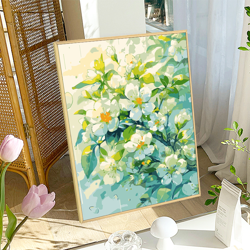清新花卉风景数字油画diy填充填色手工绘梨花丙烯油彩画装饰挂画图片
