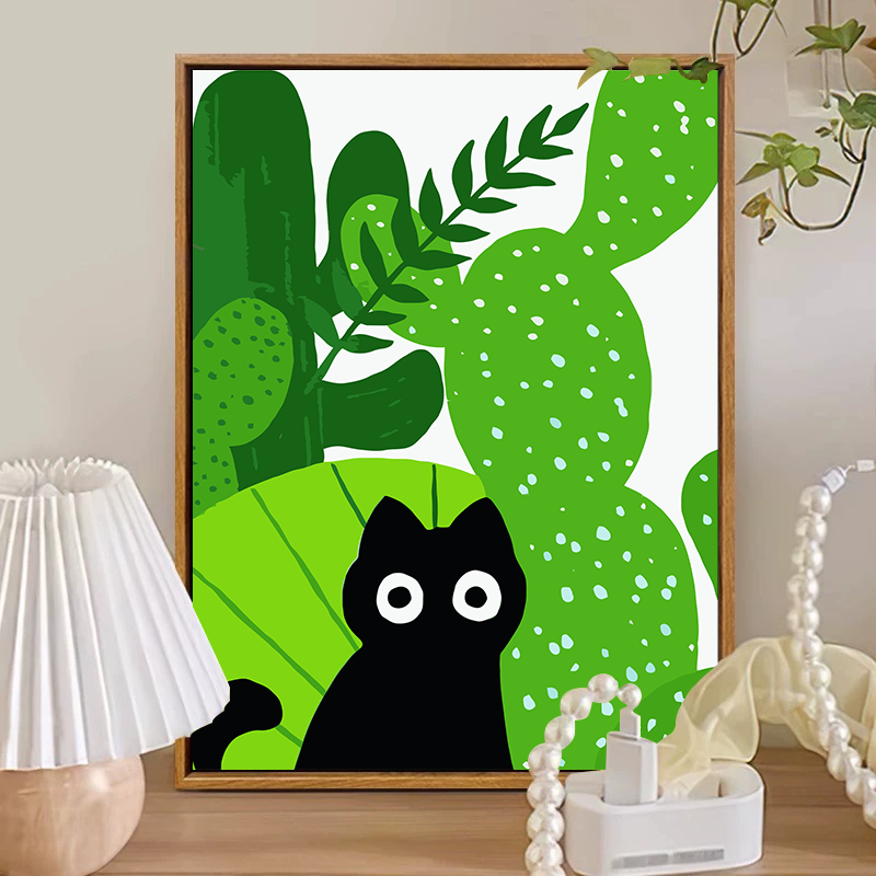 猫与绿植数字油画diy填充填色手工绘ins风小猫咪丙烯油彩画装饰画图片