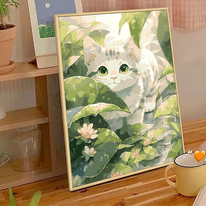 雨中猫咪 数字油画diy填充涂色手工手绘可爱丙烯油彩画装饰挂画