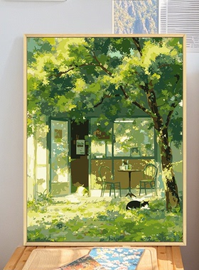 宫崎骏夏日小店数字油画diy填充填色手工绘绿色风景丙烯画装饰画