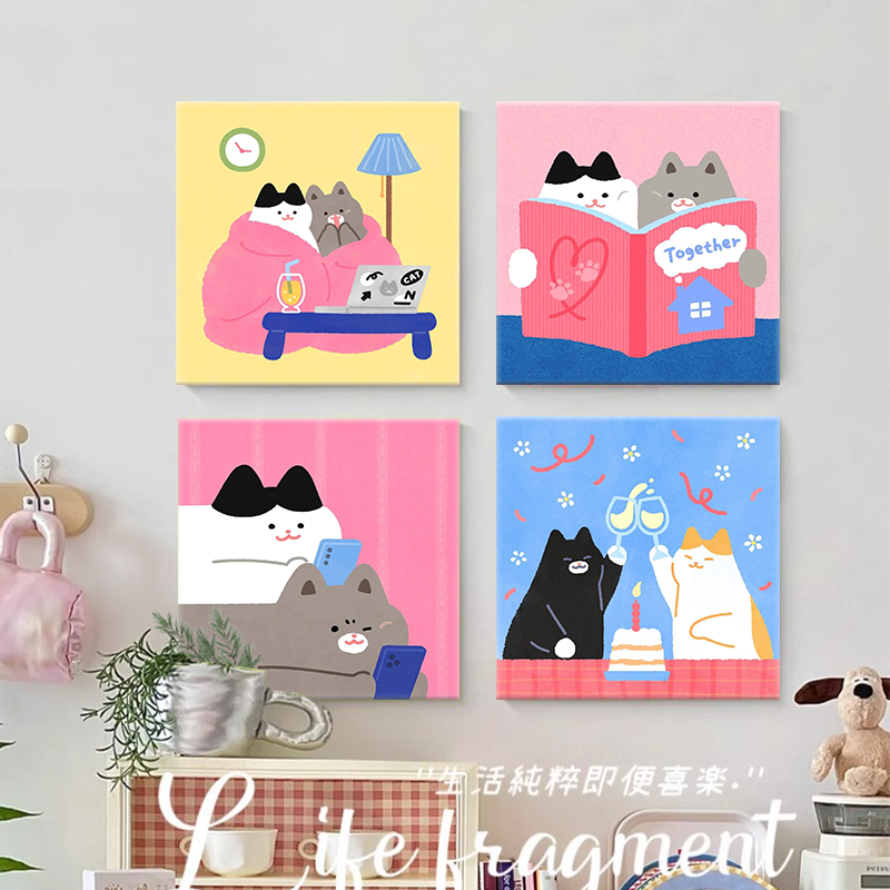 多巴胺奶油风猫咪装饰画客厅儿童卧室床头餐厅挂画趣味卡通壁摆画图片