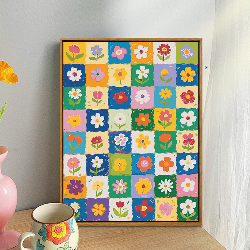 格子花朵数字油画diy填充填色手工绘高级感花卉丙烯油彩画装饰画图片