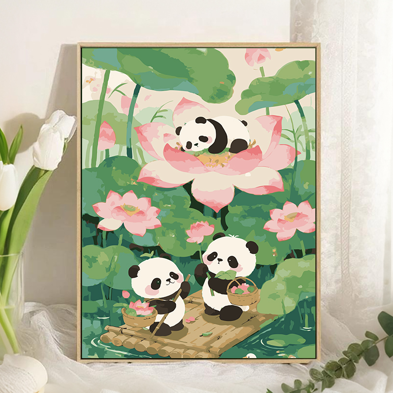 夏日荷花熊猫数字油画diy填充填色手工绘国风景丙烯油彩画装饰画图片