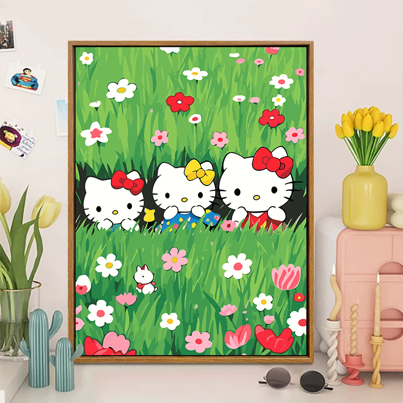 花丛里的HelloKitty数字油画diy填充填色手工绘丙烯油彩装饰挂画