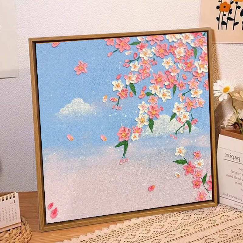 樱花立体肌理画石英砂diy手工全套材料包花卉填色装饰画数字油画图片
