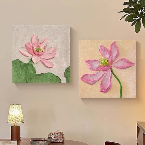 荷花diy石英砂肌理画手工装饰画