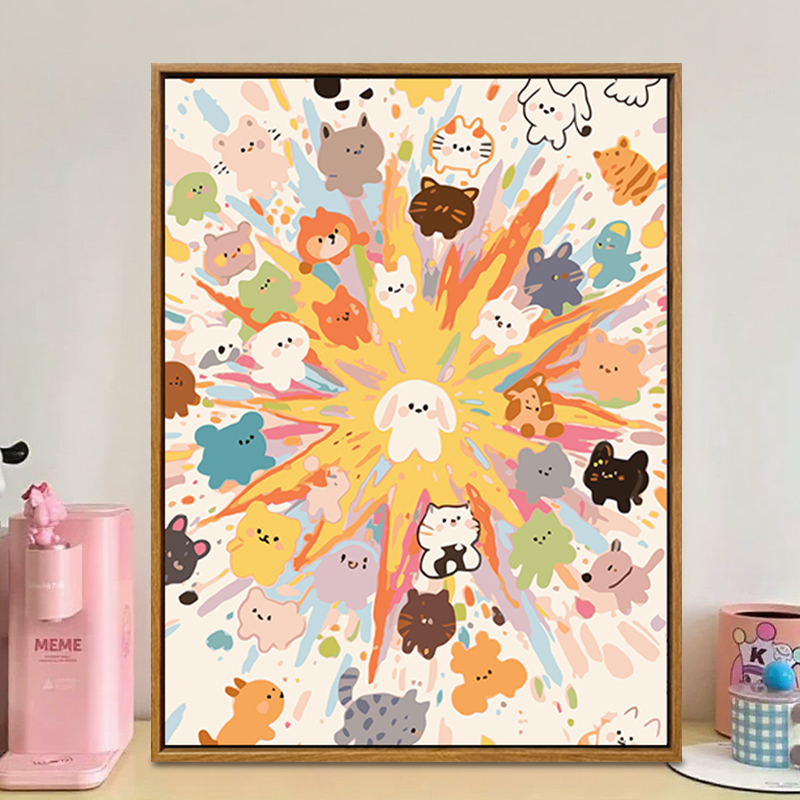 可爱小动物数字油画diy填充填色手工绘小狗猫咪丙烯油彩画装饰画图片