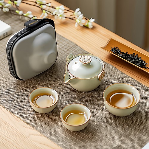 桃花汝窑旅行茶具便携式快客杯个人专用随身包泡茶壶套装户外露营