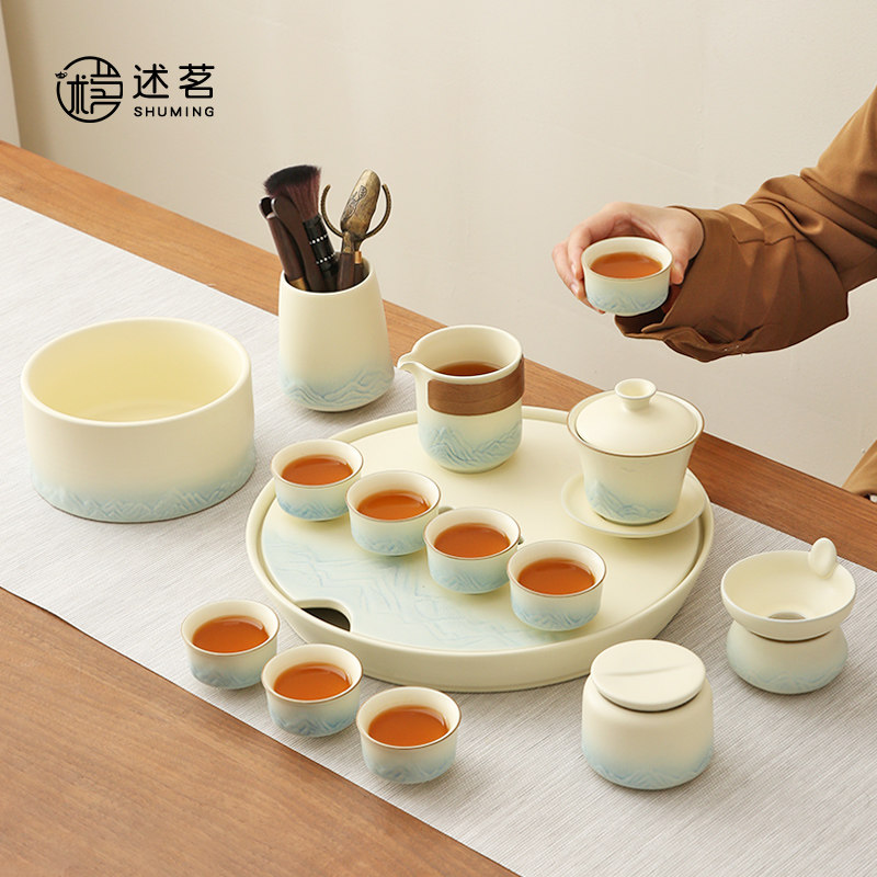 米黄色三才盖碗陶瓷功夫茶具套组家用办公室泡茶2025新款高档轻奢