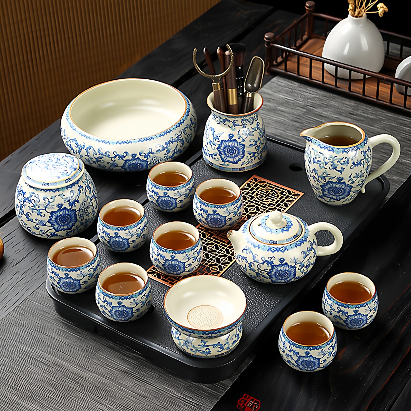 青花汝窑整套功夫茶具套装家用办公轻奢高档2026新款茶壶盖碗茶杯