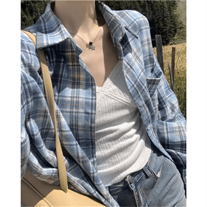 复古宽松慵懒风格子衬衫女早秋新品韩版休闲简约长袖外搭通勤小衫