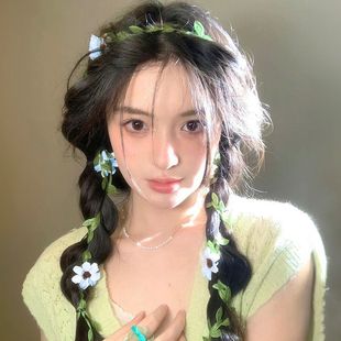 蝴蝶森系绿色藤蔓花朵丝带编发点缀头饰女发带发箍神器花仙子飘带