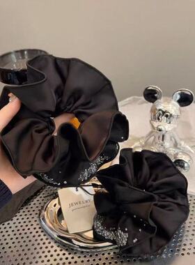 2025新款轻奢黑色网纱大肠发圈高级水钻气质女发绳慵懒风头花发饰