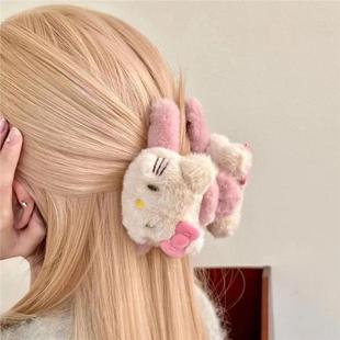 新款甜美少女双面kt蝴蝶结毛绒抓夹洋气卡通可爱鲨鱼夹高颜值发夹