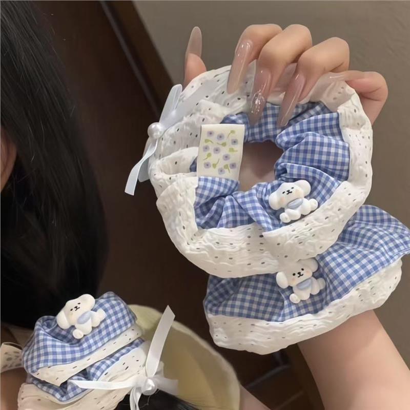 甜美蓝色格子蕾丝发圈女