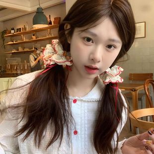 韓系ins風(fēng)紅色碎花大腸發(fā)圈女扎頭發(fā)丸子頭發(fā)繩低馬尾頭繩皮筋