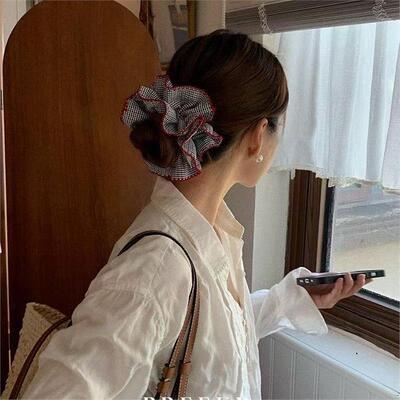 双层复古格纹红边皮筋发圈