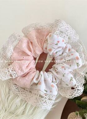 Chunygh原创碎花白色蕾丝拼接大肠发圈女大号双层头绳发绳发饰