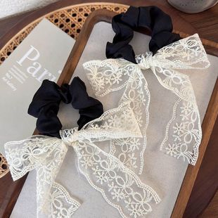法式复古白色蕾丝蝴蝶结飘带发圈女大肠圈可拆长丝带百搭头绳发绳
