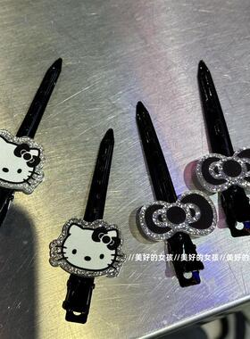 【搭配蝴蝶结】银黑色细闪Kitty卡通发夹无痕一字定位夹刘海边夹