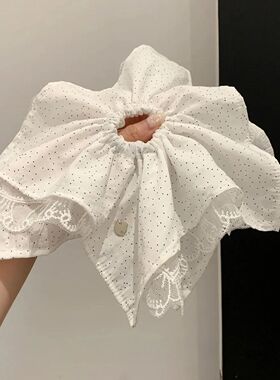 设计感三层白色波点蕾丝方巾大肠发圈女韩系扎头发低马尾发绳头绳