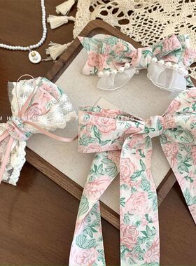 新中式甜美碎花玫瑰花蝴蝶结蕾丝弹簧夹侧边夹2024新款女发夹发饰