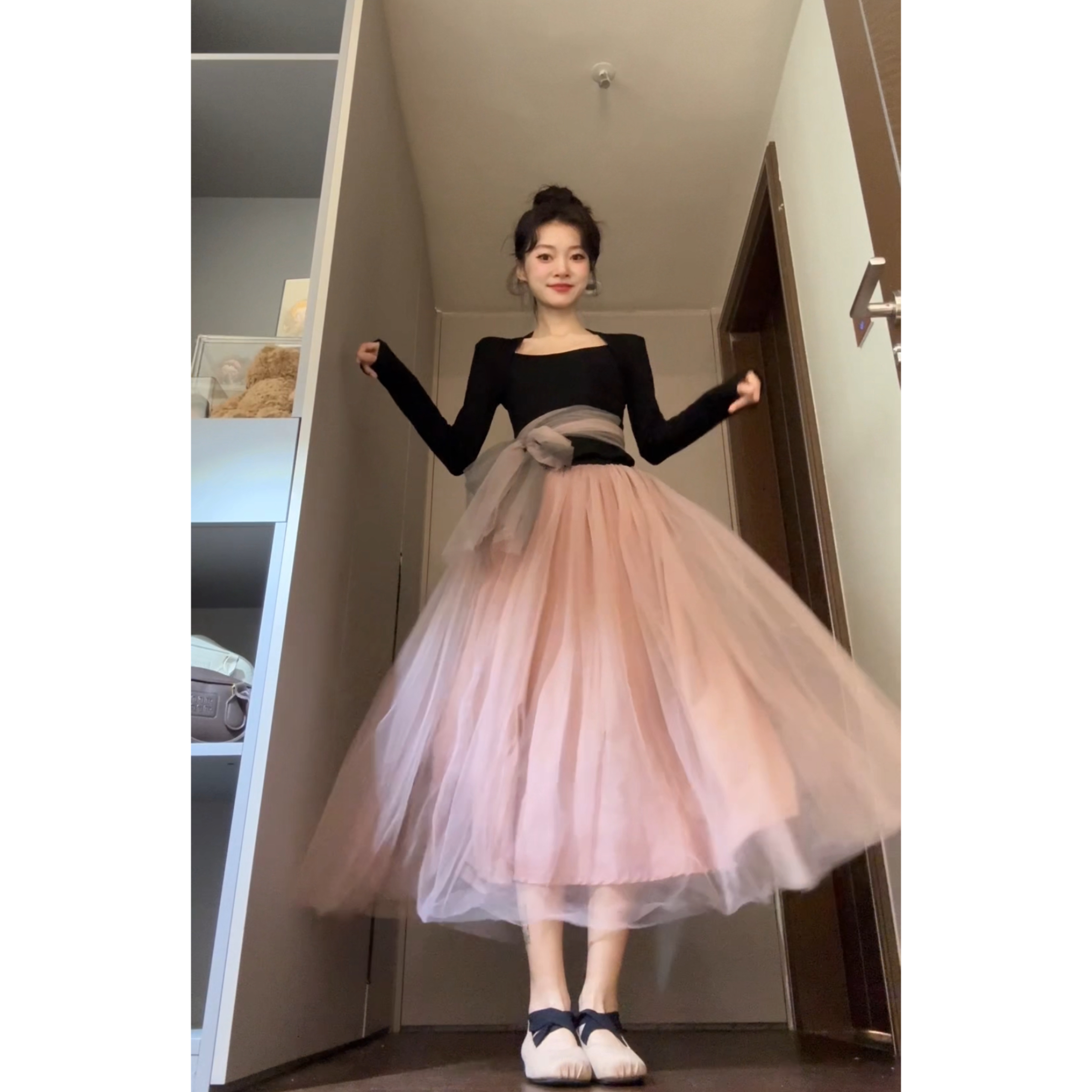 Seven七分糖芭蕾风方领绑带长袖上衣高腰网纱中长款半身裙秋冬