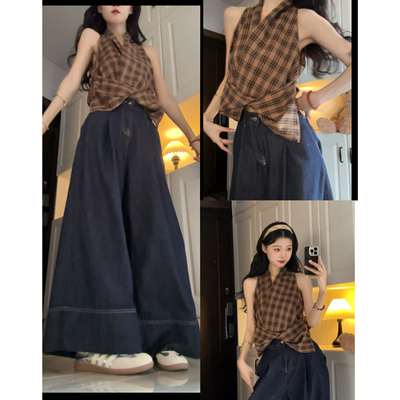 Seven 七分糖复古格子挂脖背心套装女夏垂感阔腿牛仔裤甜酷两件套