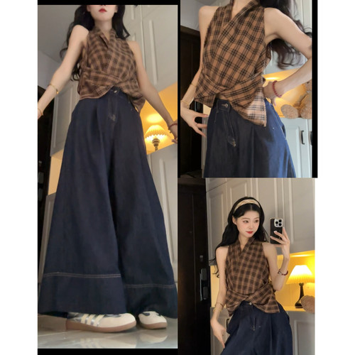 Seven 七分糖复古格子挂脖背心套装女夏垂感阔腿牛仔裤甜酷两件套