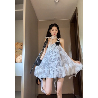 Seven七分糖纯欲辣妹设计感蕾丝飘带叠穿豹纹连衣裙两件套