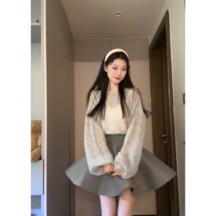 Seven七分糖 复古灰色圆领长袖针织衫女秋季慵懒宽松套头毛衣百搭