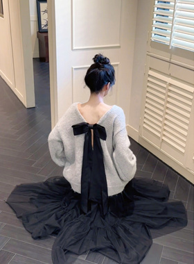 七分糖慵懒露背蝴蝶结毛衣女秋季长袖针织衫宽松灰色上衣