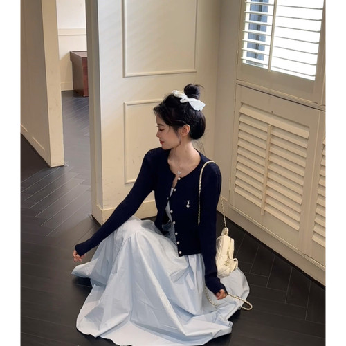 七分糖韩系修身麻花毛衣连衣裙女秋冬高腰显瘦长裙外套套装