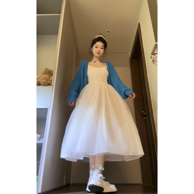 Seven 七分糖八音盒女孩芭蕾风网纱连衣裙女收腰显瘦长裙针织开衫