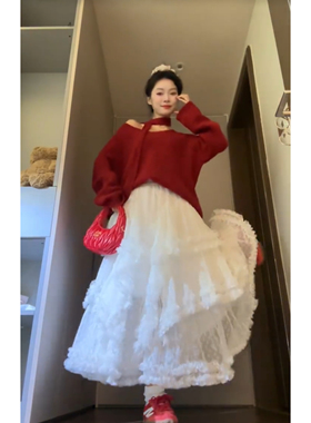 Seven七分糖红色复古设计感长袖V领毛衣慵懒风甜美蕾丝长裙