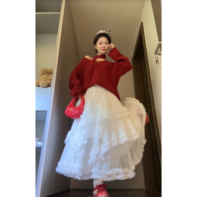 Seven七分糖红色复古设计感长袖V领毛衣慵懒风甜美蕾丝长裙