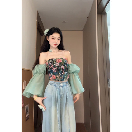 Seven 七分糖度假小众碎花吊带女夏热辣妹抹胸一字肩撞色上衣