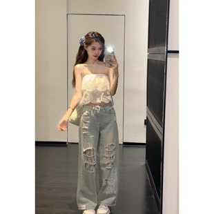 Seven七分糖女夏纯欲抹胸度假风白色镂空裹胸上衣破洞牛仔裤 套装