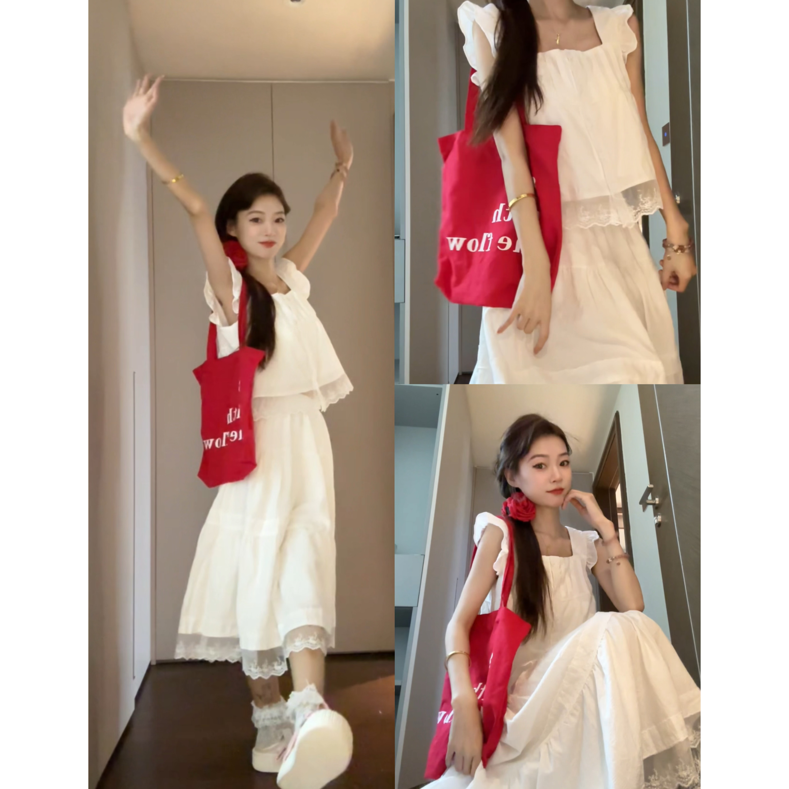 Seven 七分糖韩系穿搭夏套装女减龄白色蕾丝花边蛋糕半身裙两件套