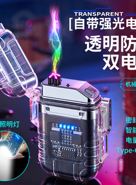 网红同款户外防风照明透明壳防水双电弧充电打火机创意机甲风