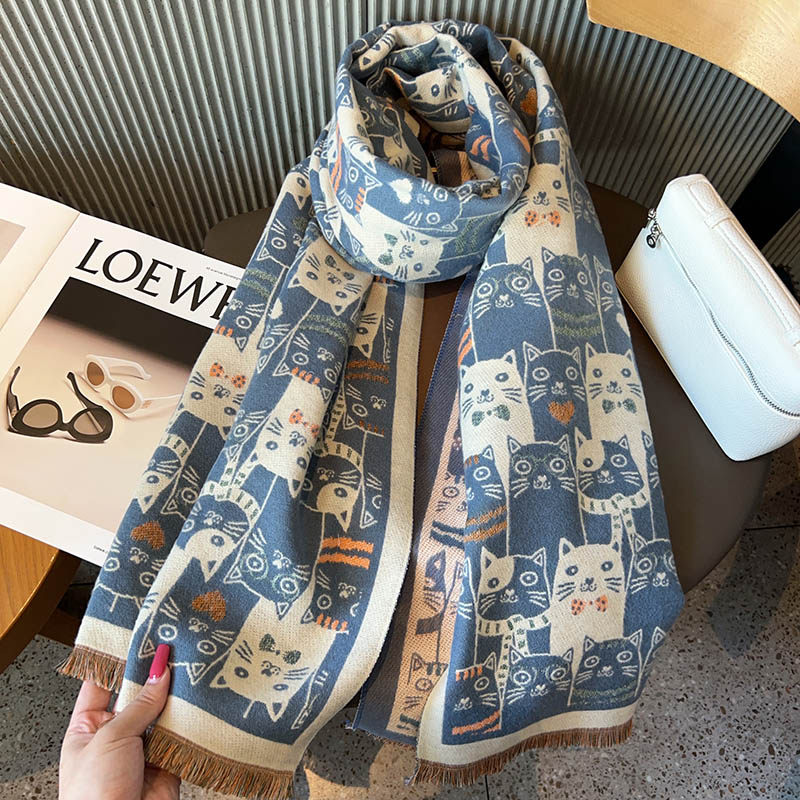 围巾女卡通双面仿羊绒可爱猫咪时尚百搭新款加厚秋冬保暖围脖披肩