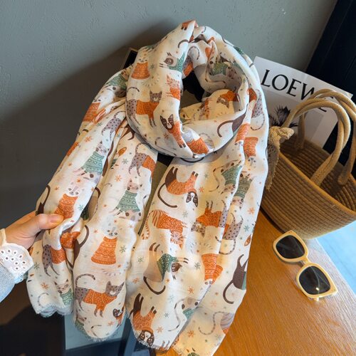 小猫咪减龄漫画风棉麻围巾女春夏