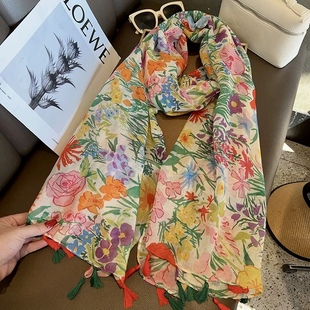 莫奈花园棉麻围巾女靓丽百搭田园碎花春夏百搭防晒旅游披肩沙滩巾