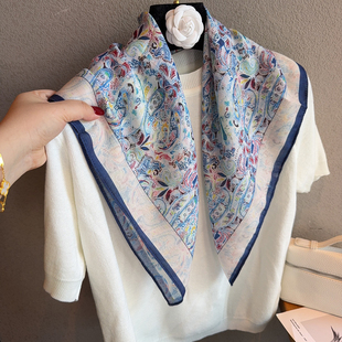 靓丽蓝腰果花70棉麻方巾通勤百搭田园风旅游拍照亲肤护颈披肩围脖