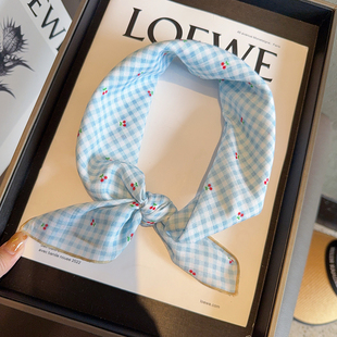 樱桃蓝格子全棉小方巾韩系百搭清新田园风旅游包头巾装饰护颈领巾